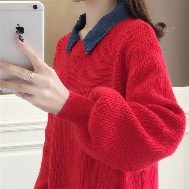 带领子的假两件毛衣,单穿打底都好看,春节穿上